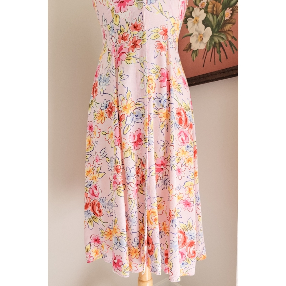 90s Pink Floral Button Front 1990s Vintage Fit & Flare Flowy Midi Length Dress - Picture 11 of 15